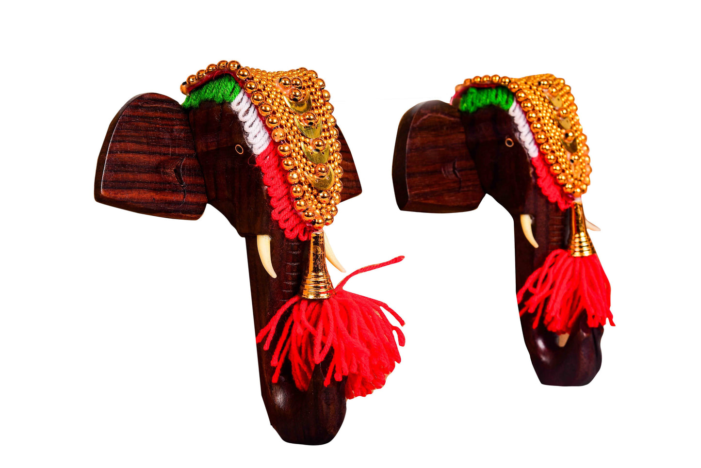 Traditional Wooden Elephant Wall Hanging with Nettipattam – Set of 2