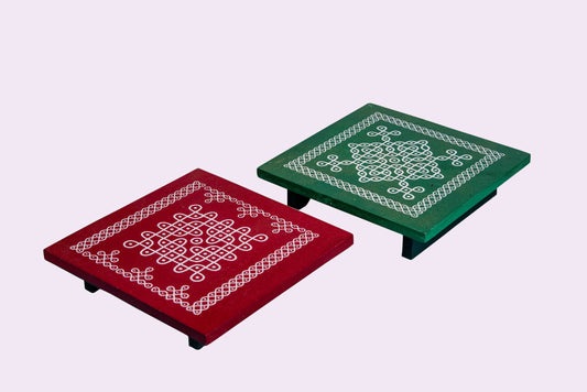 Traditional Kolam Wooden Peetha Set – Sacred Platform for Divine Blessings | Set of 2