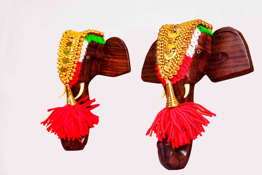 Traditional Wooden Elephant Wall Hanging with Nettipattam – Set of 2