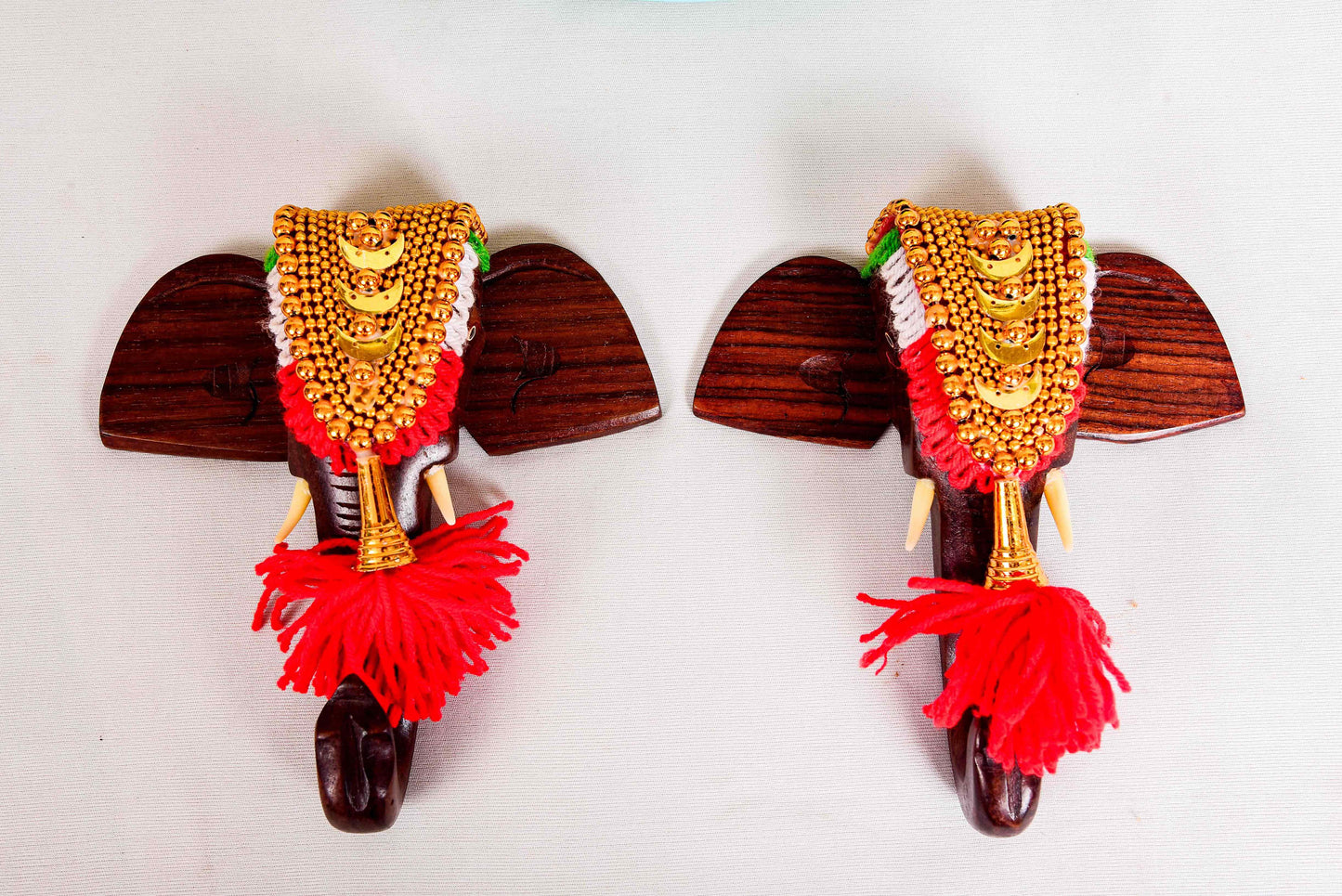 Traditional Wooden Elephant Wall Hanging with Nettipattam – Set of 2